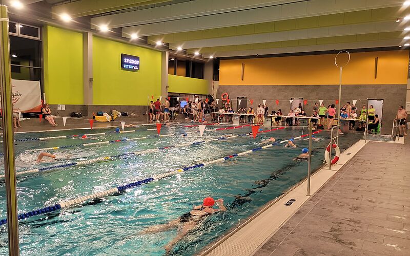 Auf den 5 Bahnen des Schwimmbeckens schwimmen jeweils mehrere Personen. Am Rand liegen auf einer Bank Hanttücher. Vor dem Becken stehen mehrere Tische, an denen die Bahnenzähler sitzen. Die Uhr zeigt 17:20:37.