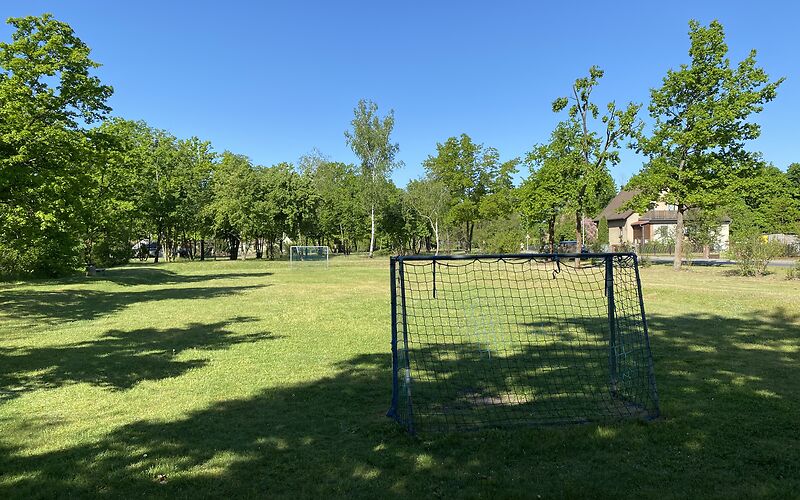 Blick von hinter einem Tor auf den Bolzplatz aus.