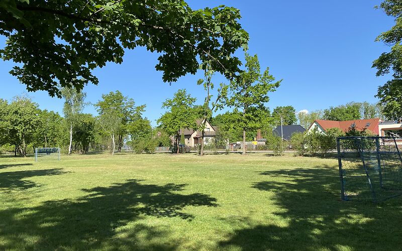 Seitlicher BLick auf eine Rasenflächen, auf der 2 Tore gegenüber stehen. Ringsherum stehen Bäume, im Hintergrund befinden sich Häuser.