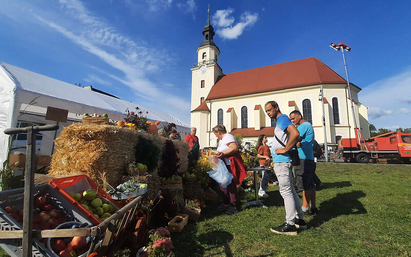 Vor einem Stand stehen frische Äpfel und Birnen sowie Heu. Einige Besucher sehen sich um. Hinter dem Stand steht ein weißes Zelt.