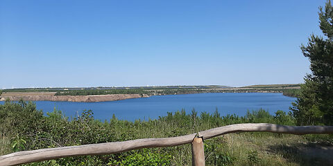 Blick auf den Klinger See hinter einer Weise und einem Holzzaun bei klarem Himmel