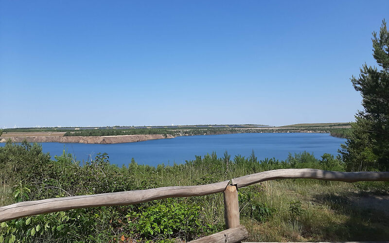 Blick auf den Klinger See hinter einer Weise und einem Holzzaun bei klarem Himmel