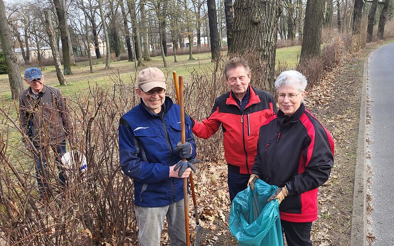 4 erwachsene Personenstehen mit Müllsack und Harken an einem Seitenstreifen einer Straße, auf dem kahle Büsche stehen. Auf dem Boden liegen Blätter.