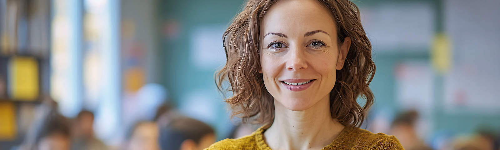 Eine Frau mit offenen braunen Haaren und leichten Locken lächelt, hinter ihr ist verschwommen ein Klassenraum mit mehreren Schülern erkennbar.