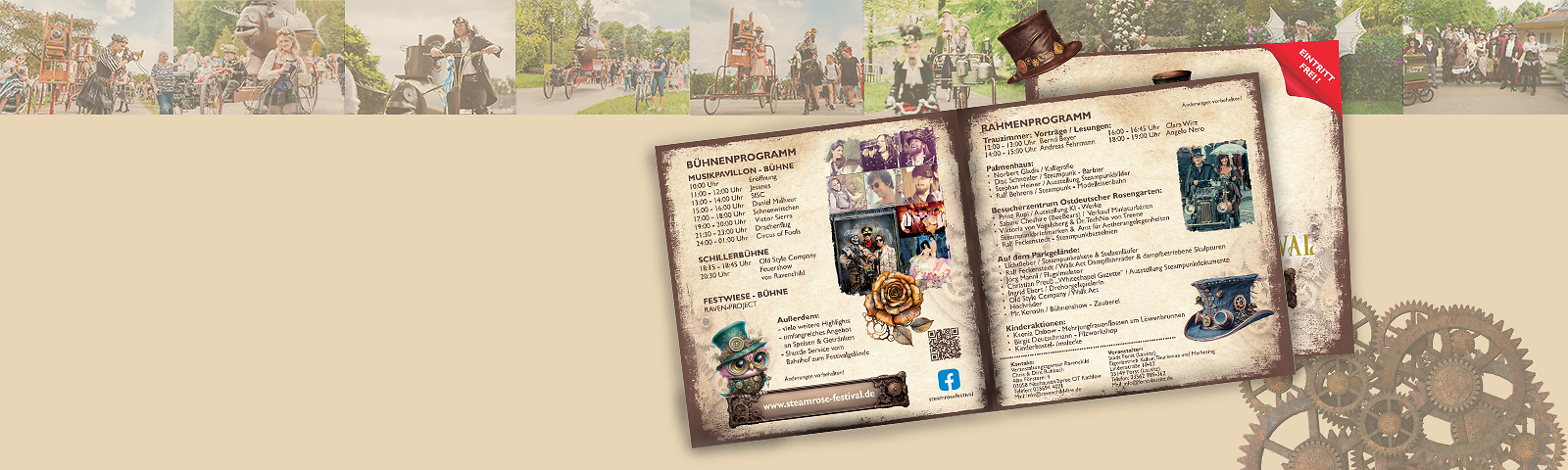 Auf einem hellen Hintergund sind der Flyer zum Steamrose Festival, typische Symbole wie Zylinder und Zahränder und einige Bilder von einer Parade.